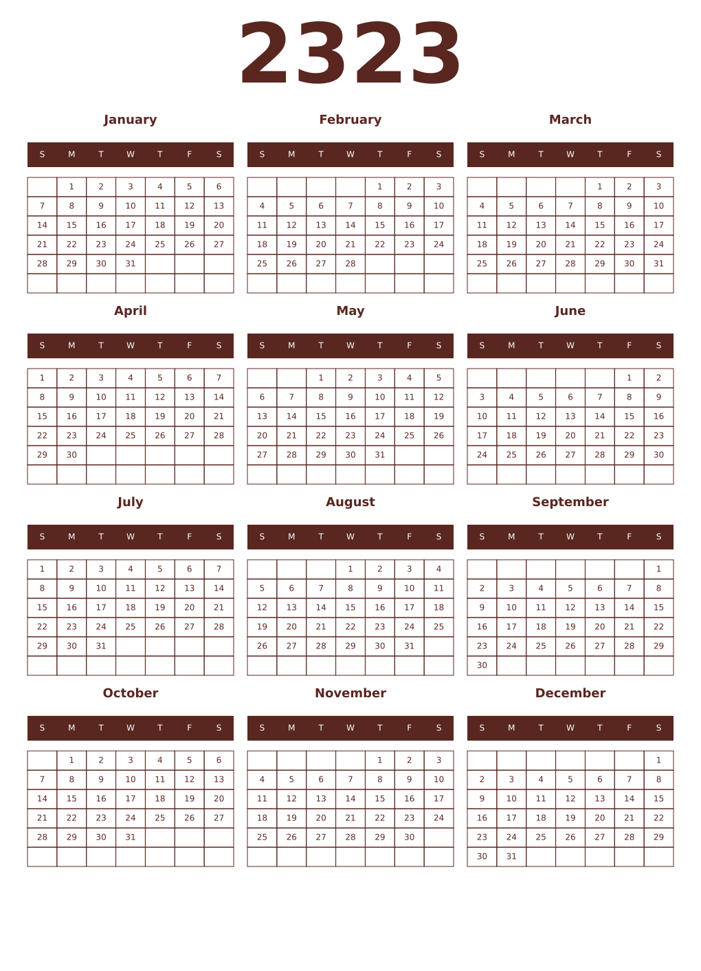 Printable 2323 Year Calendars mortuum