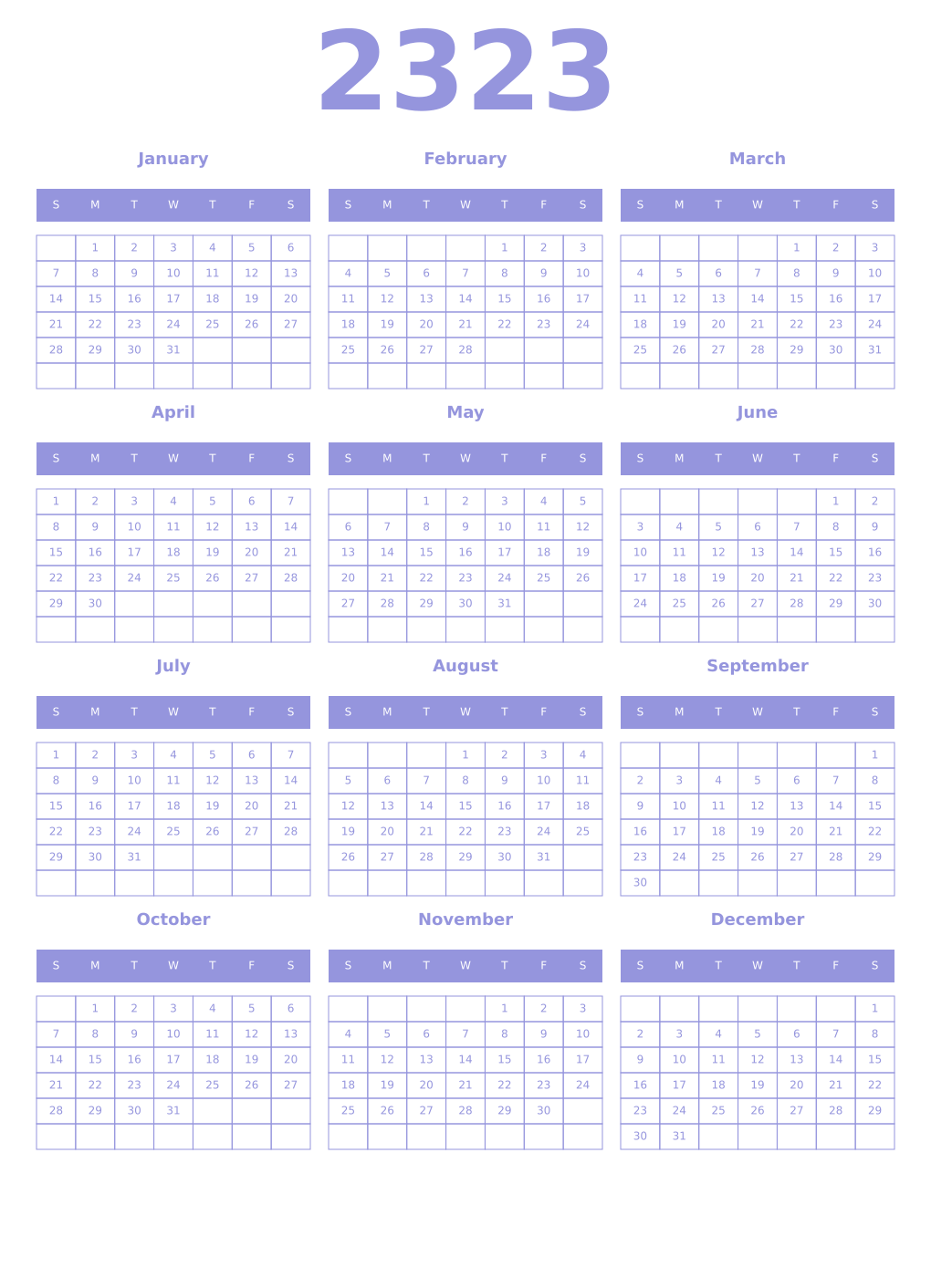 Printable 2323 Year Calendars periwinkle