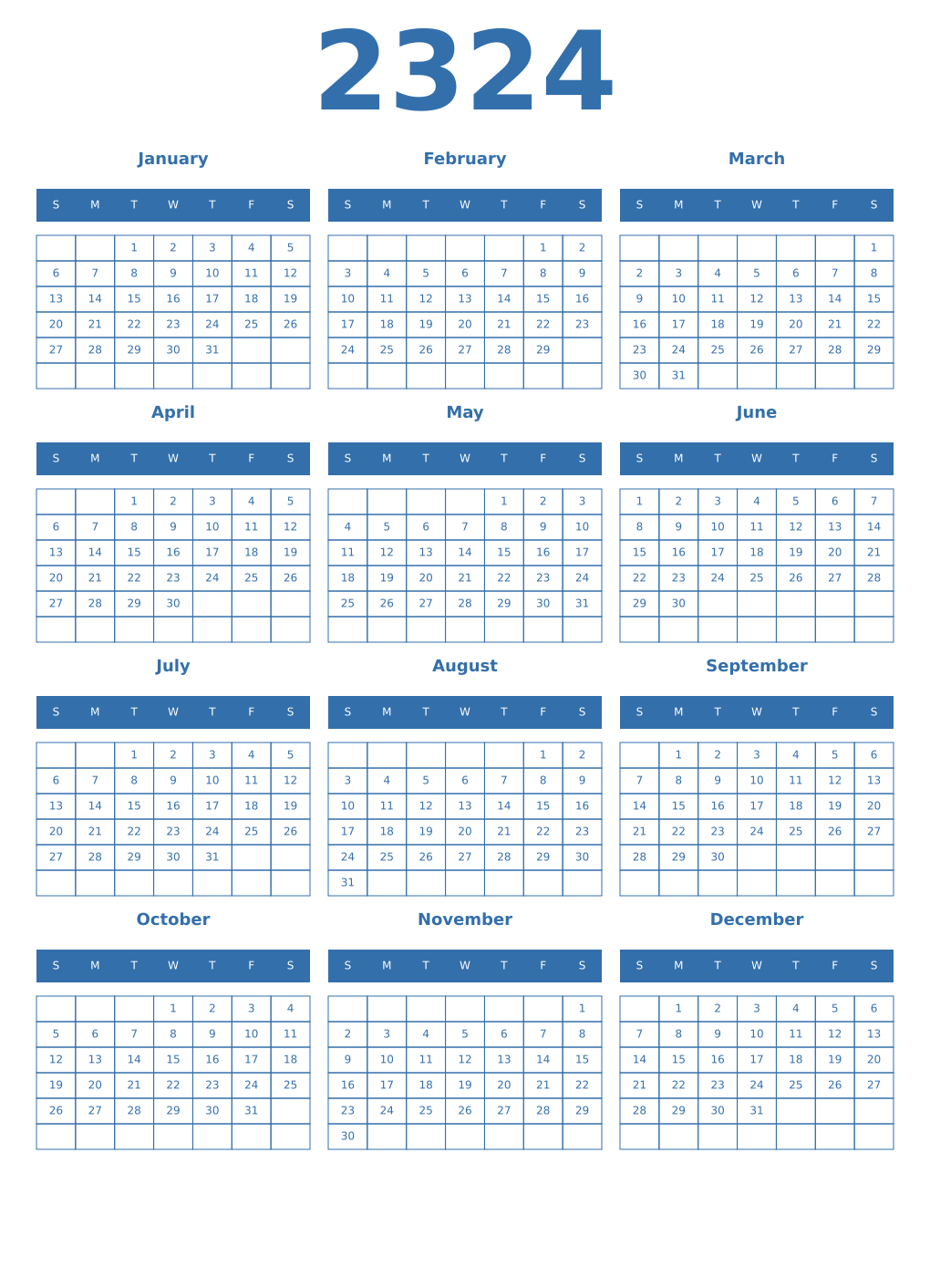 Printable 2324 Year Calendars blue
