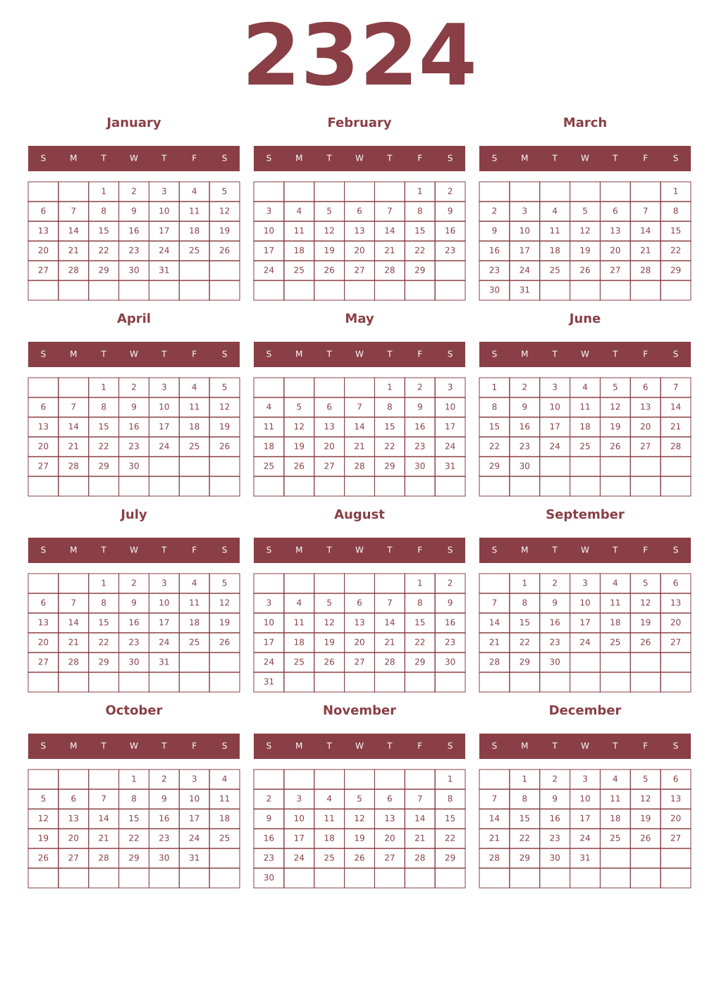 Printable 2324 Year Calendars cordovan