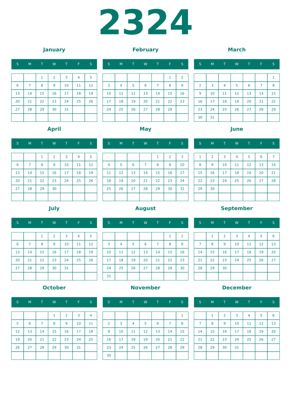 Printable 2324 Year Calendars pastel
