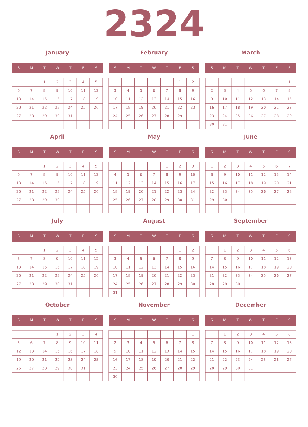 Printable 2324 Year Calendars puce