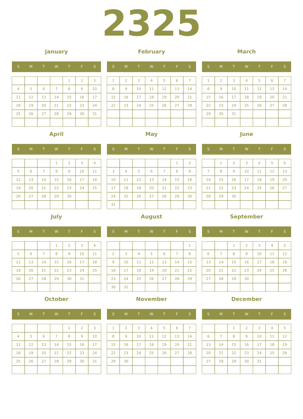 Printable 2325 Year Calendars eburnean