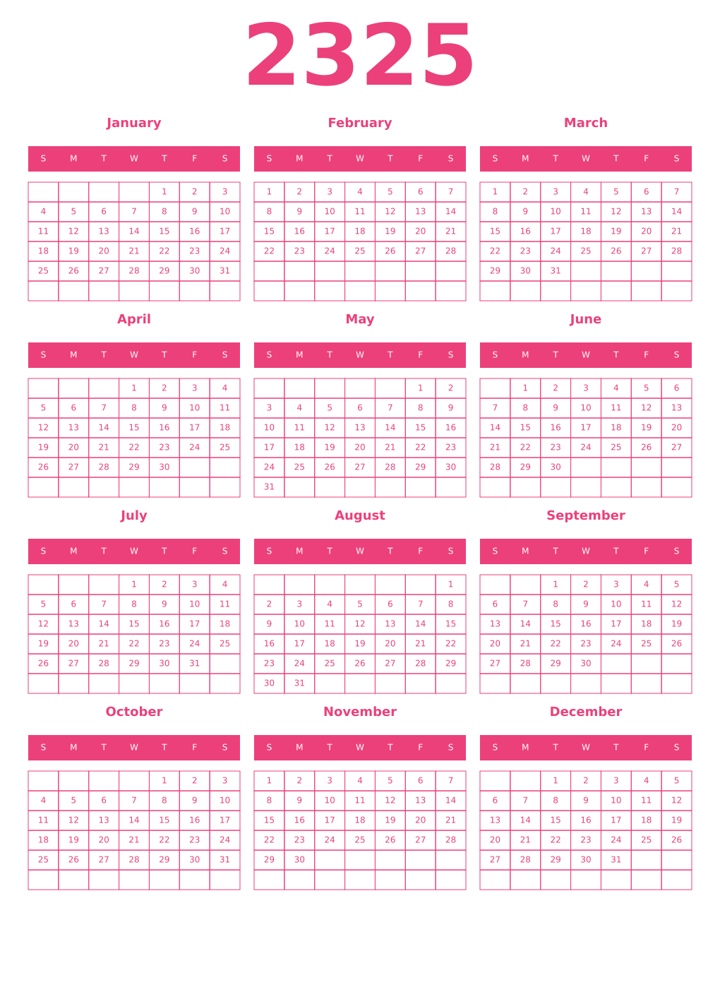 Printable 2325 Year Calendars pink