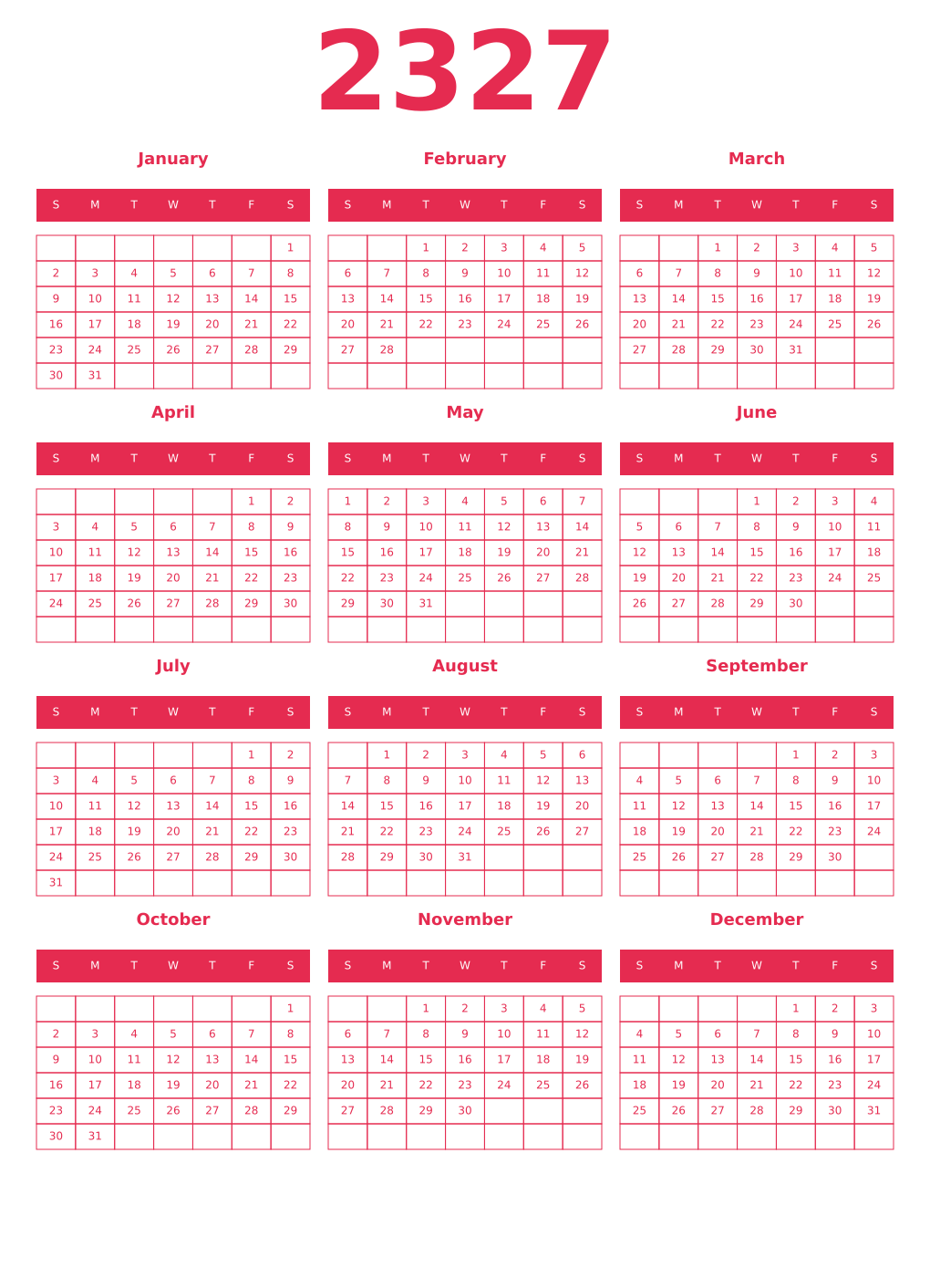 Printable 2327 Year Calendars amaranth