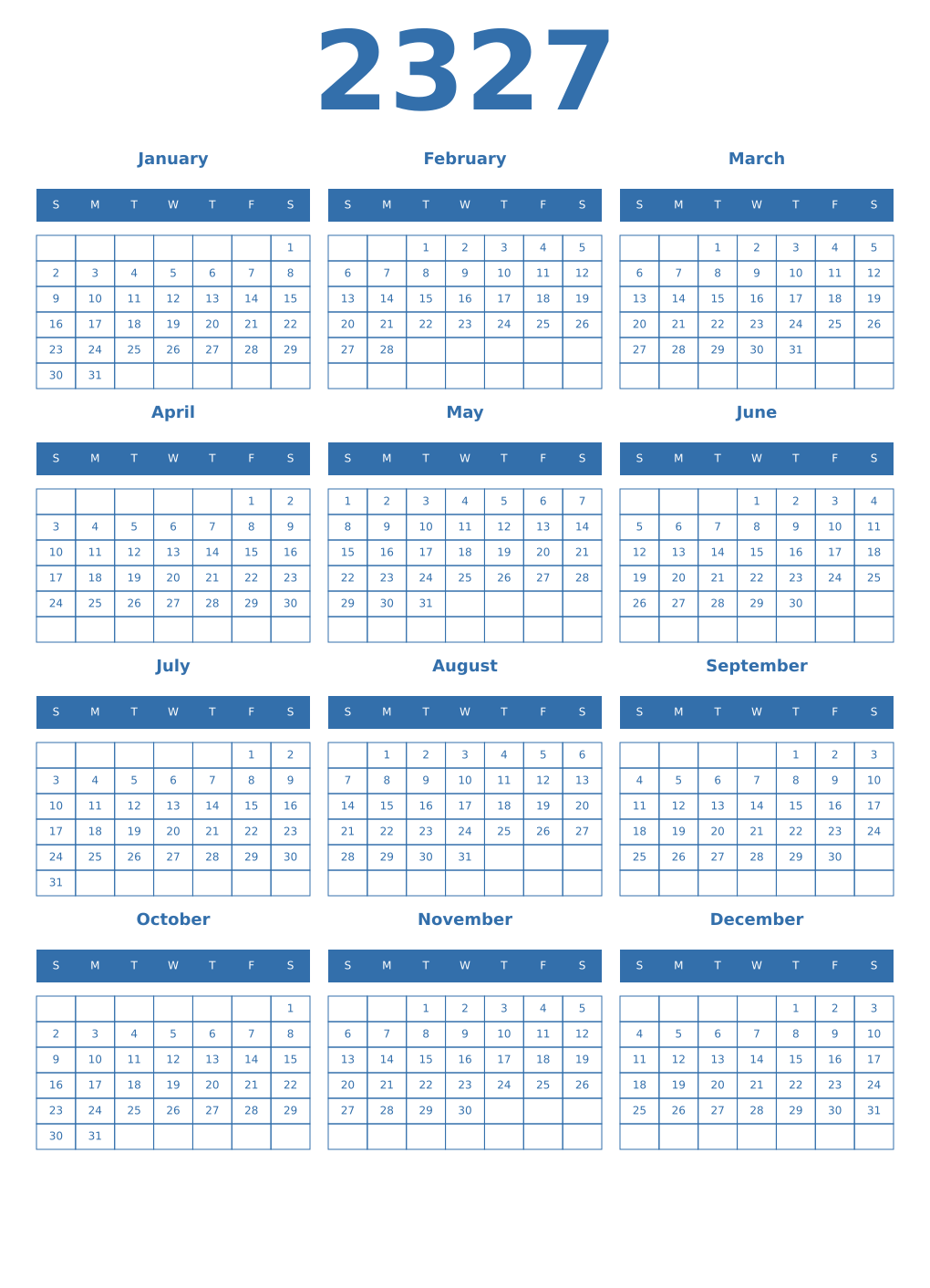 Printable 2327 Year Calendars blue