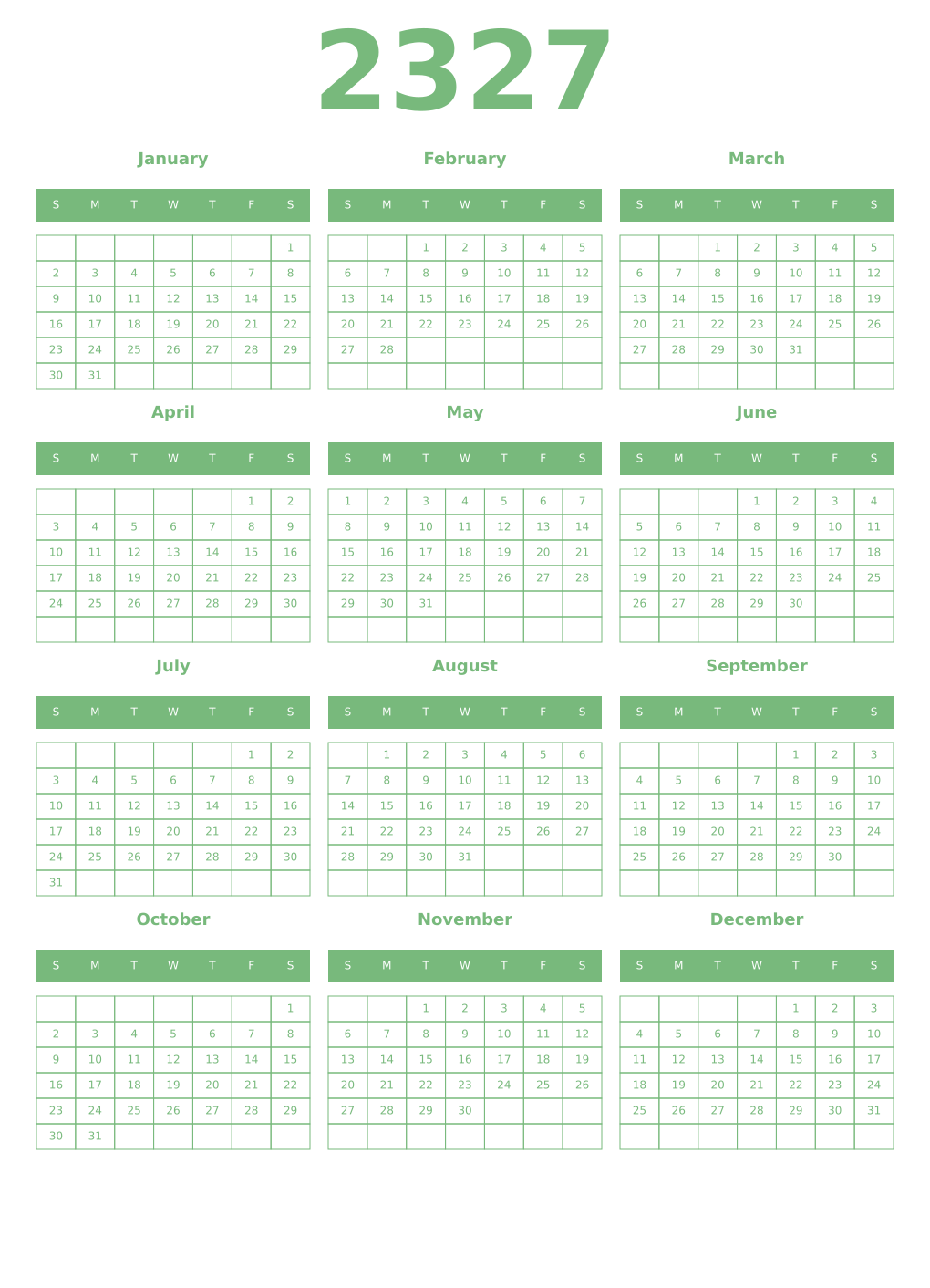 Printable 2327 Year Calendars celadon
