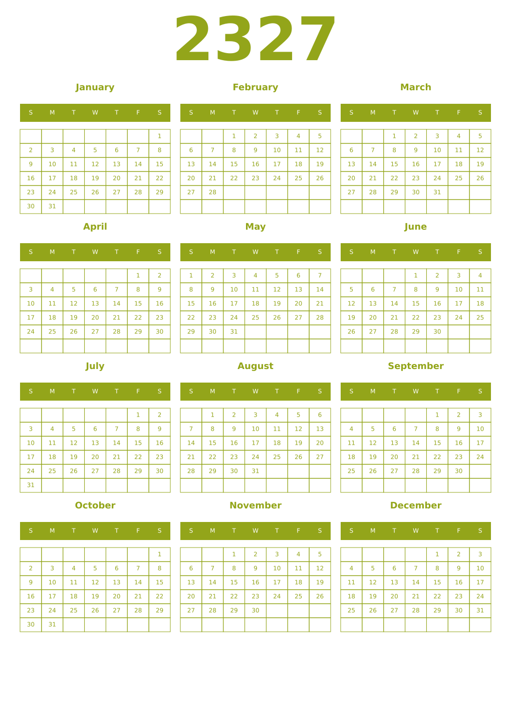 Printable 2327 Year Calendars chartreuse