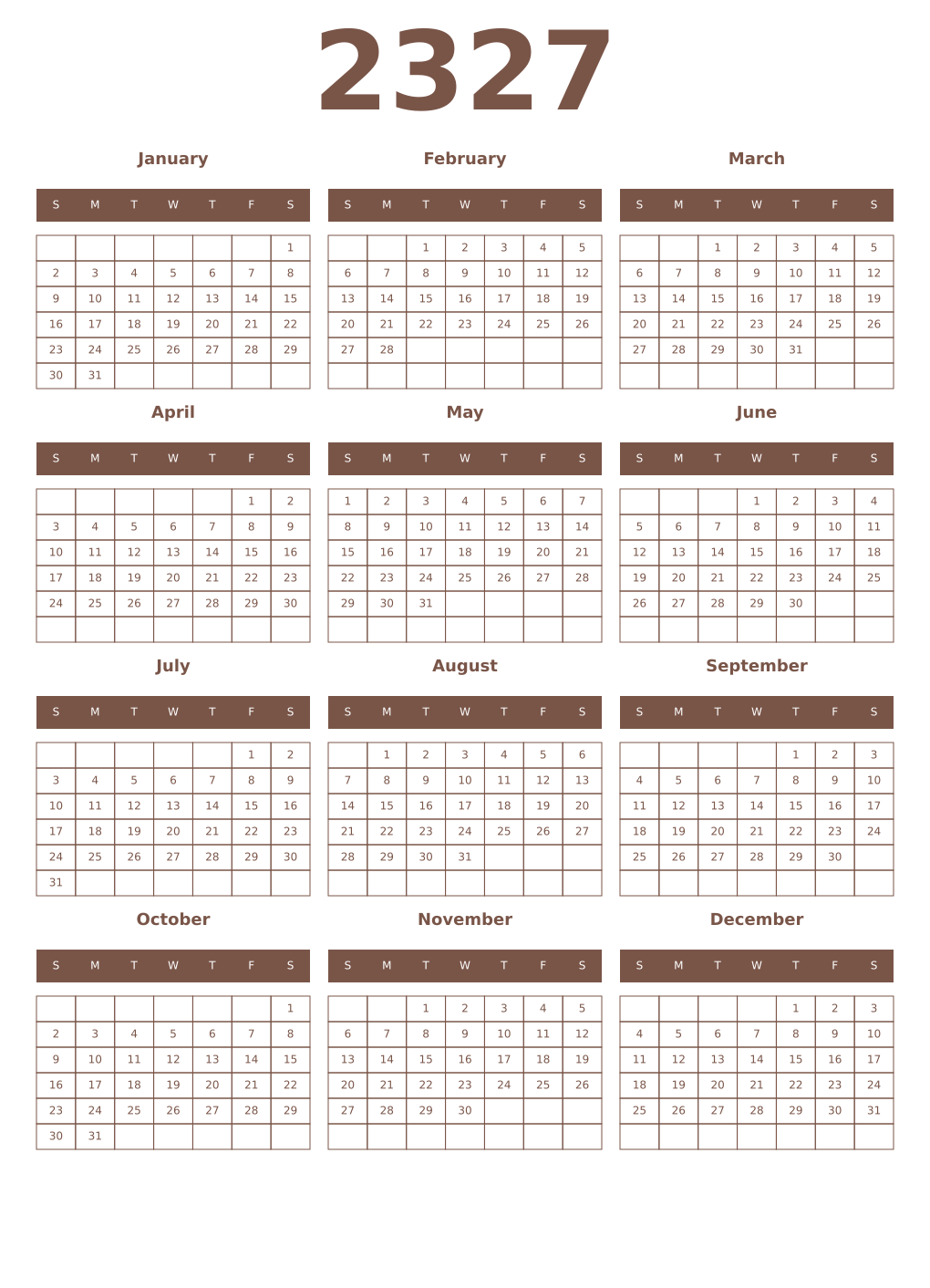 Printable 2327 Year Calendars coffe