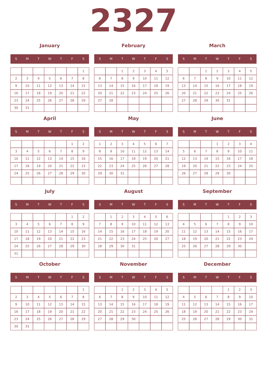 Printable 2327 Year Calendars cordovan