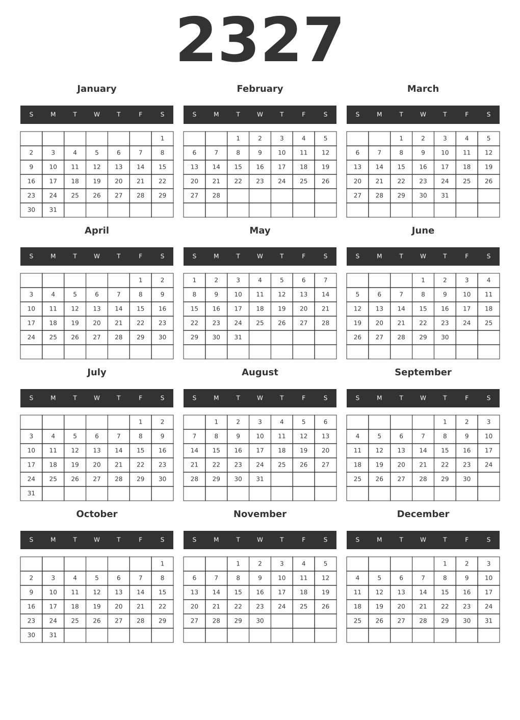 Printable 2327 Year Calendars dark