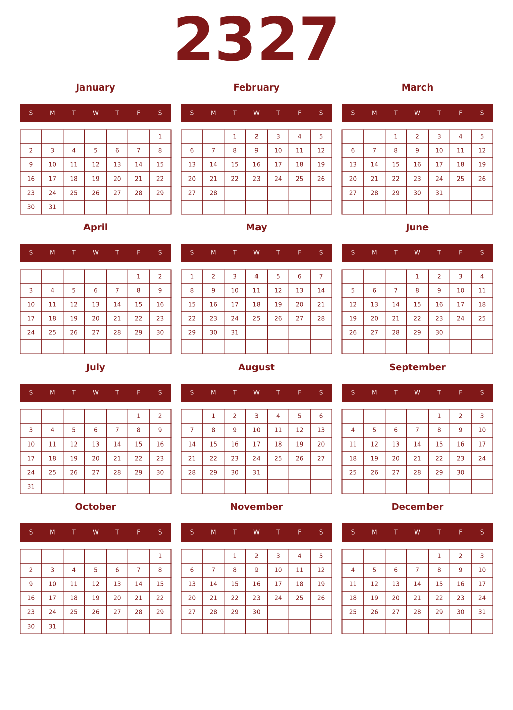 Printable 2327 Year Calendars falu