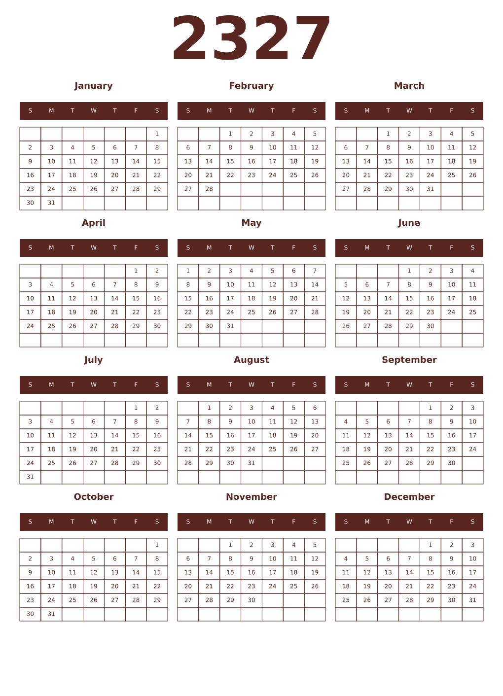 Printable 2327 Year Calendars mortuum