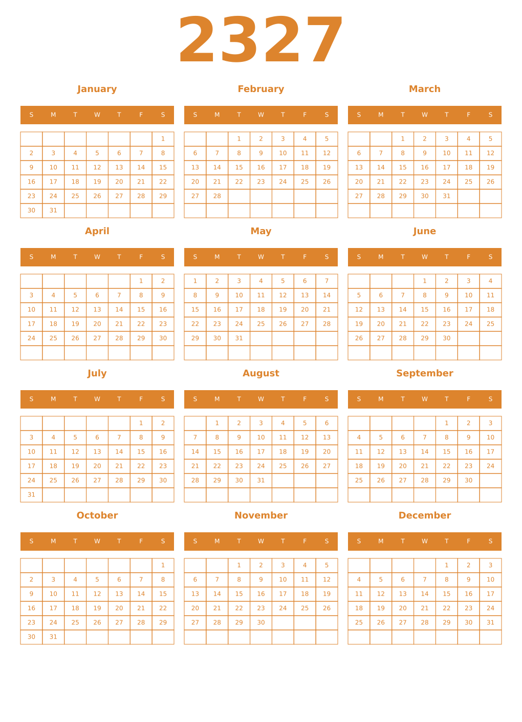 Printable 2327 Year Calendars orange