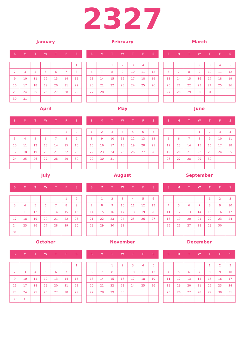 Printable 2327 Year Calendars pink