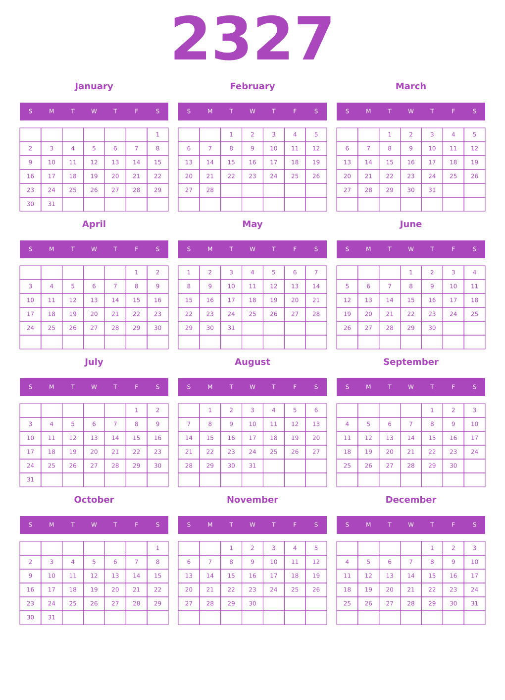 Printable 2327 Year Calendars purple