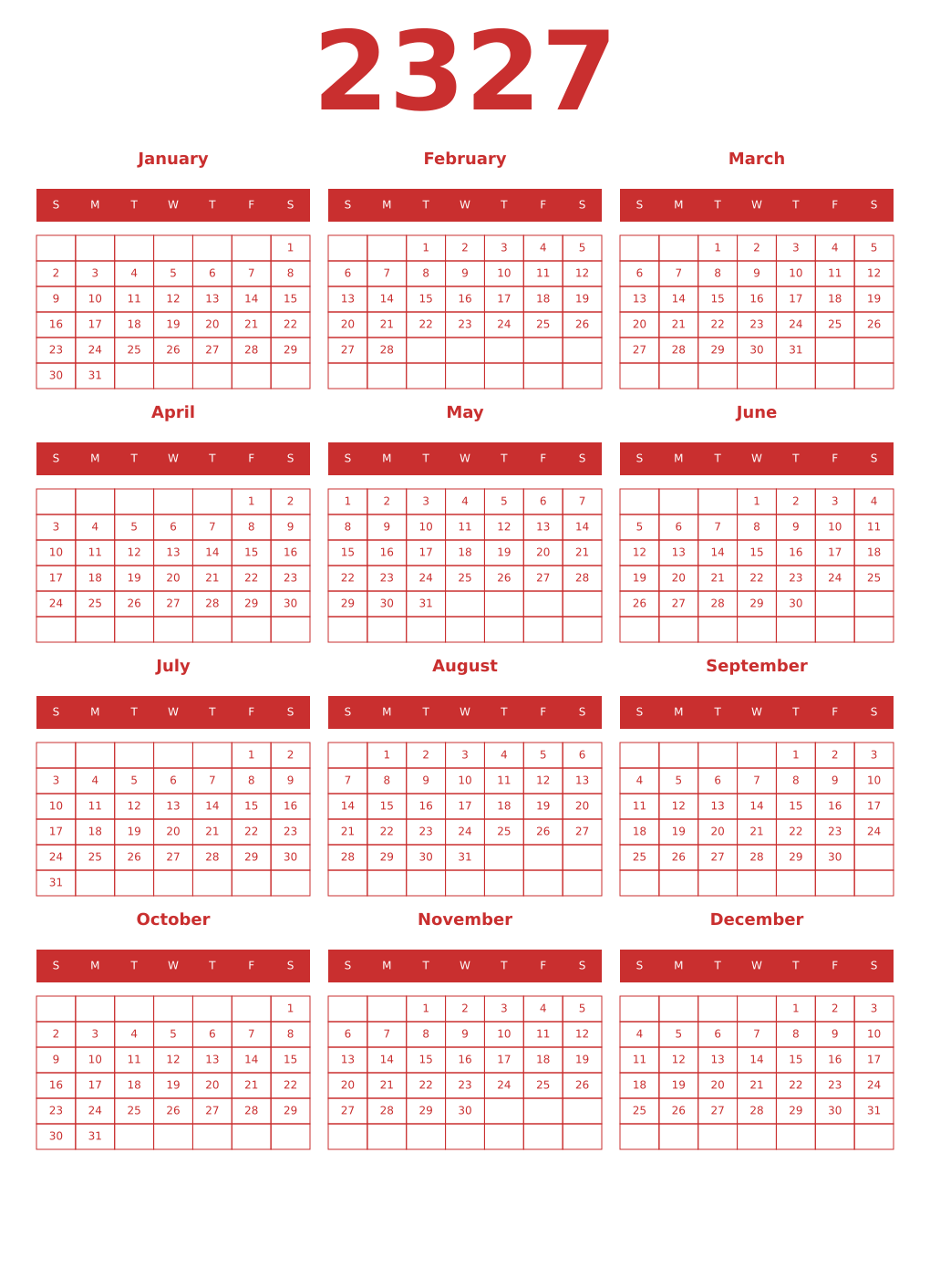 Printable 2327 Year Calendars red