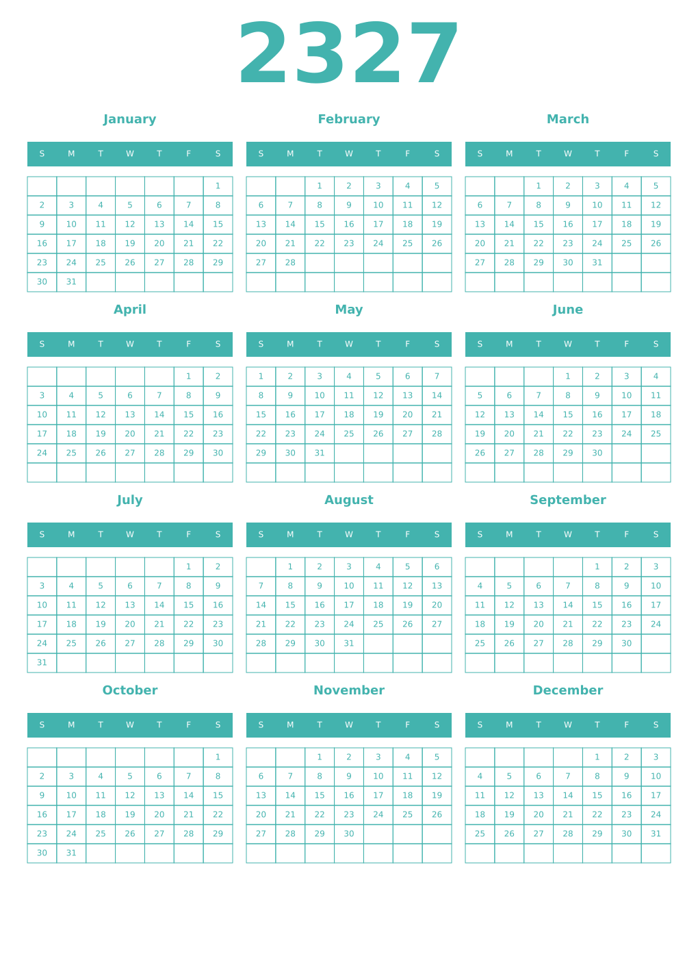Printable 2327 Year Calendars verdigris