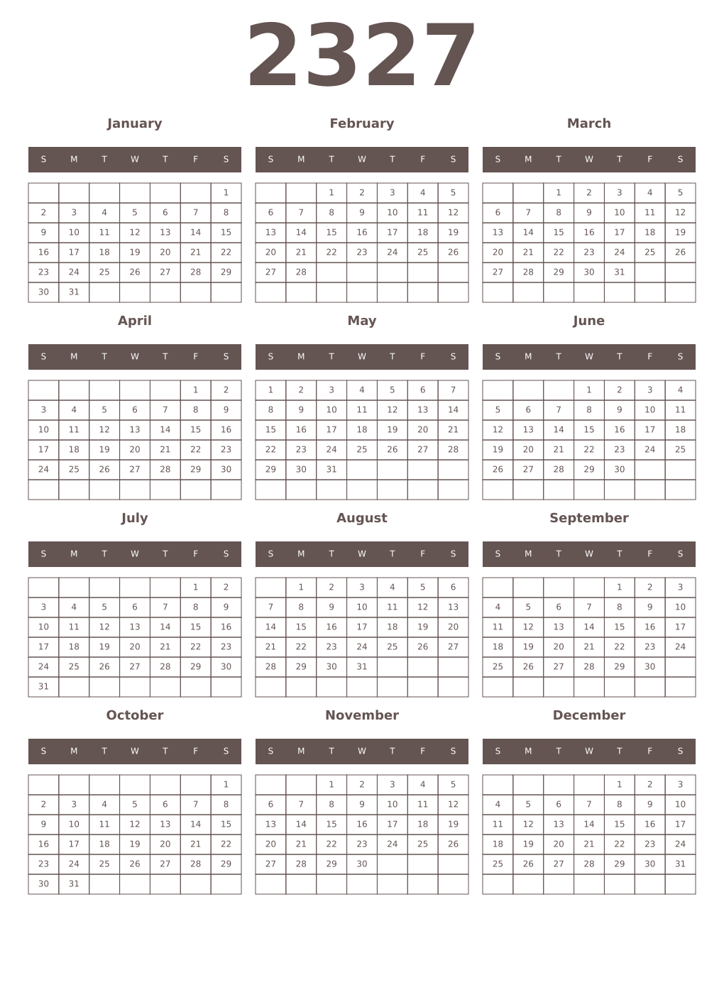 Printable 2327 Year Calendars wenge