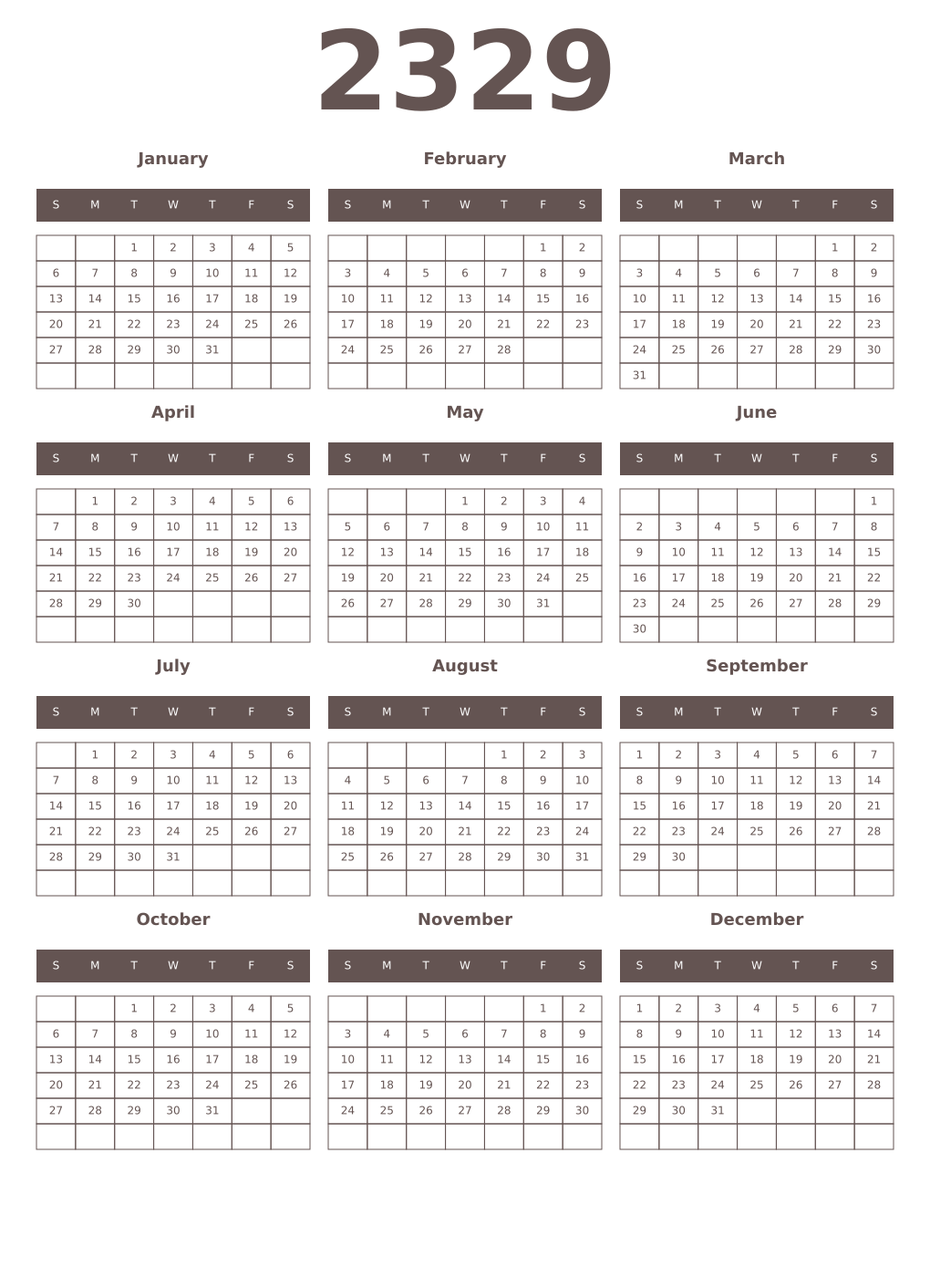 Printable 2329 Year Calendars wenge
