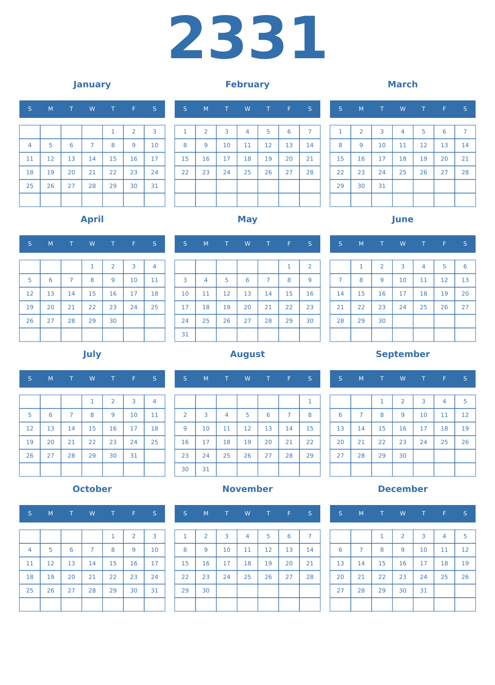 Printable 2331 Year Calendars blue