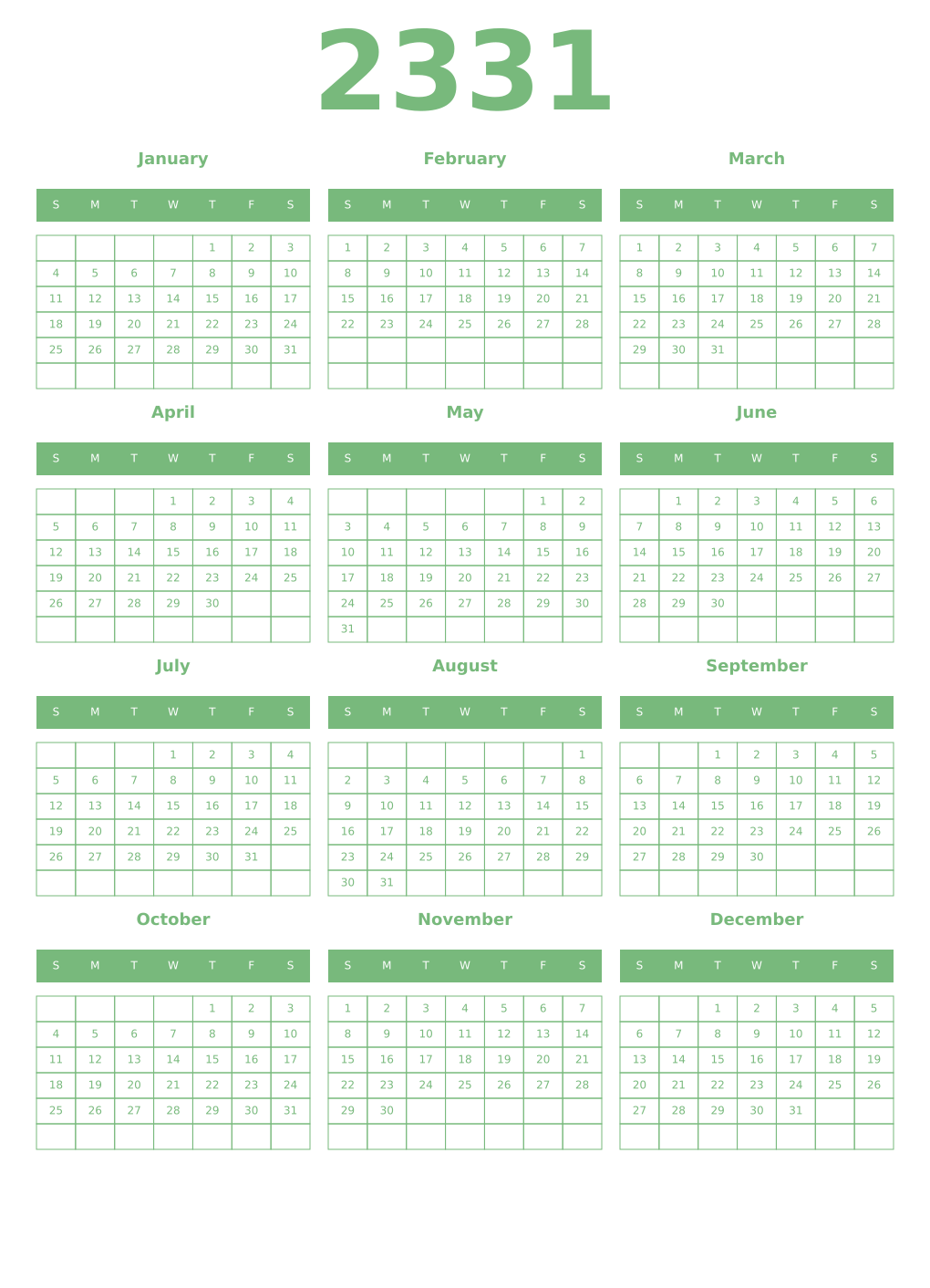 Printable 2331 Year Calendars celadon