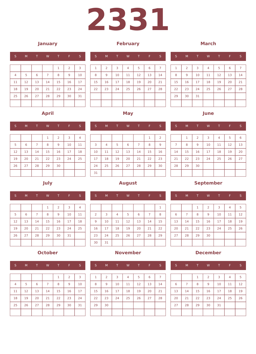 Printable 2331 Year Calendars cordovan