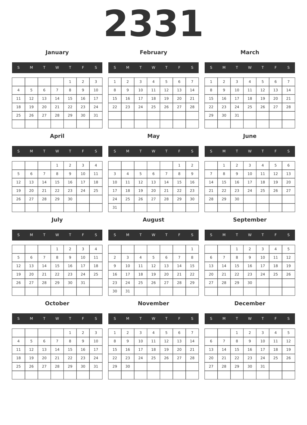 Printable 2331 Year Calendars dark
