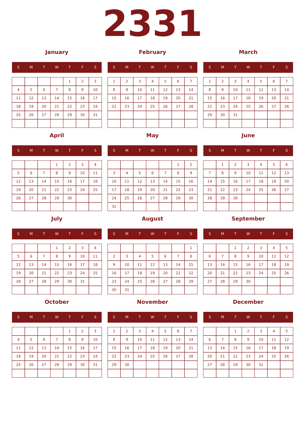 Printable 2331 Year Calendars falu