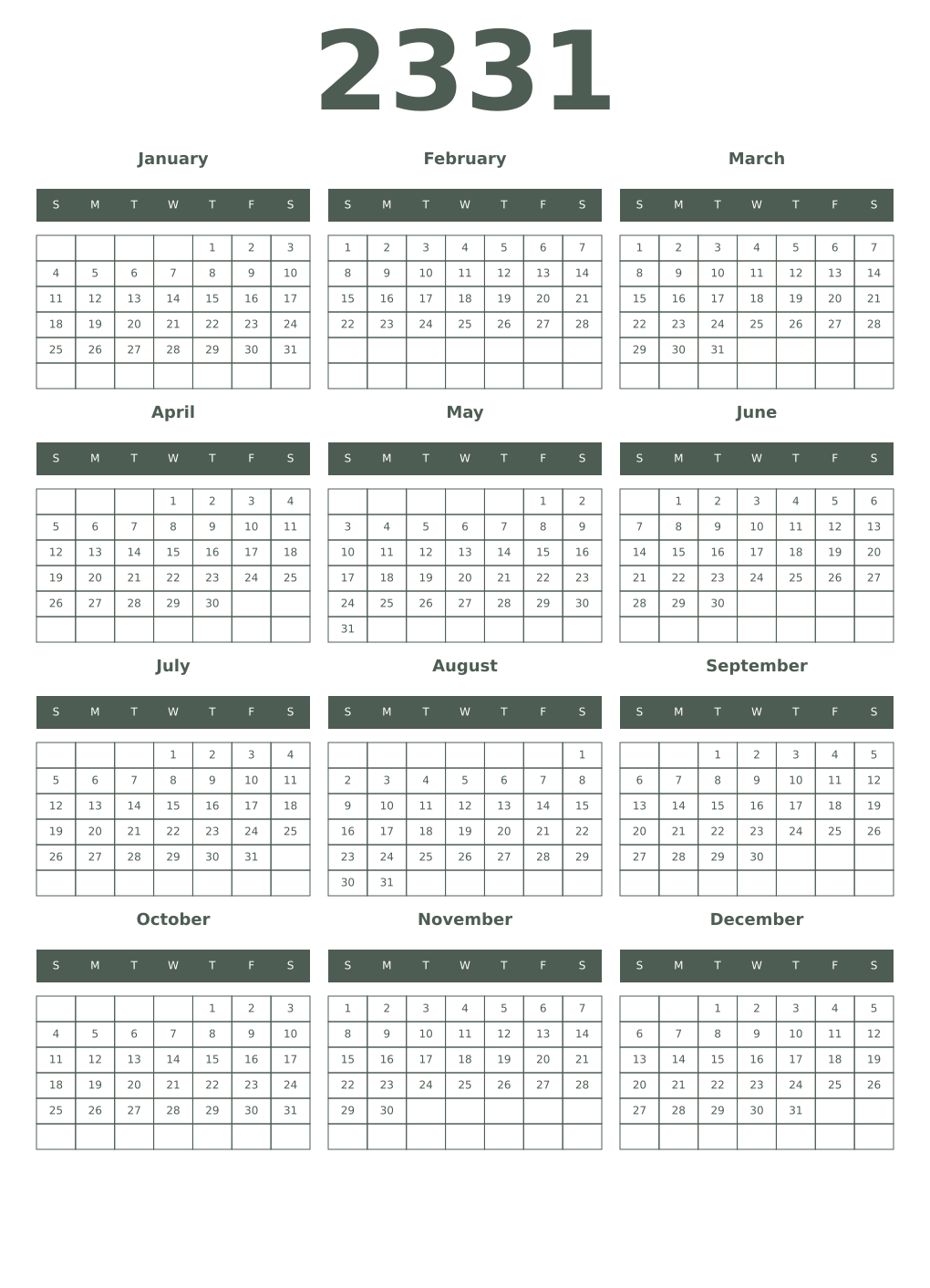 Printable 2331 Year Calendars feldgrau