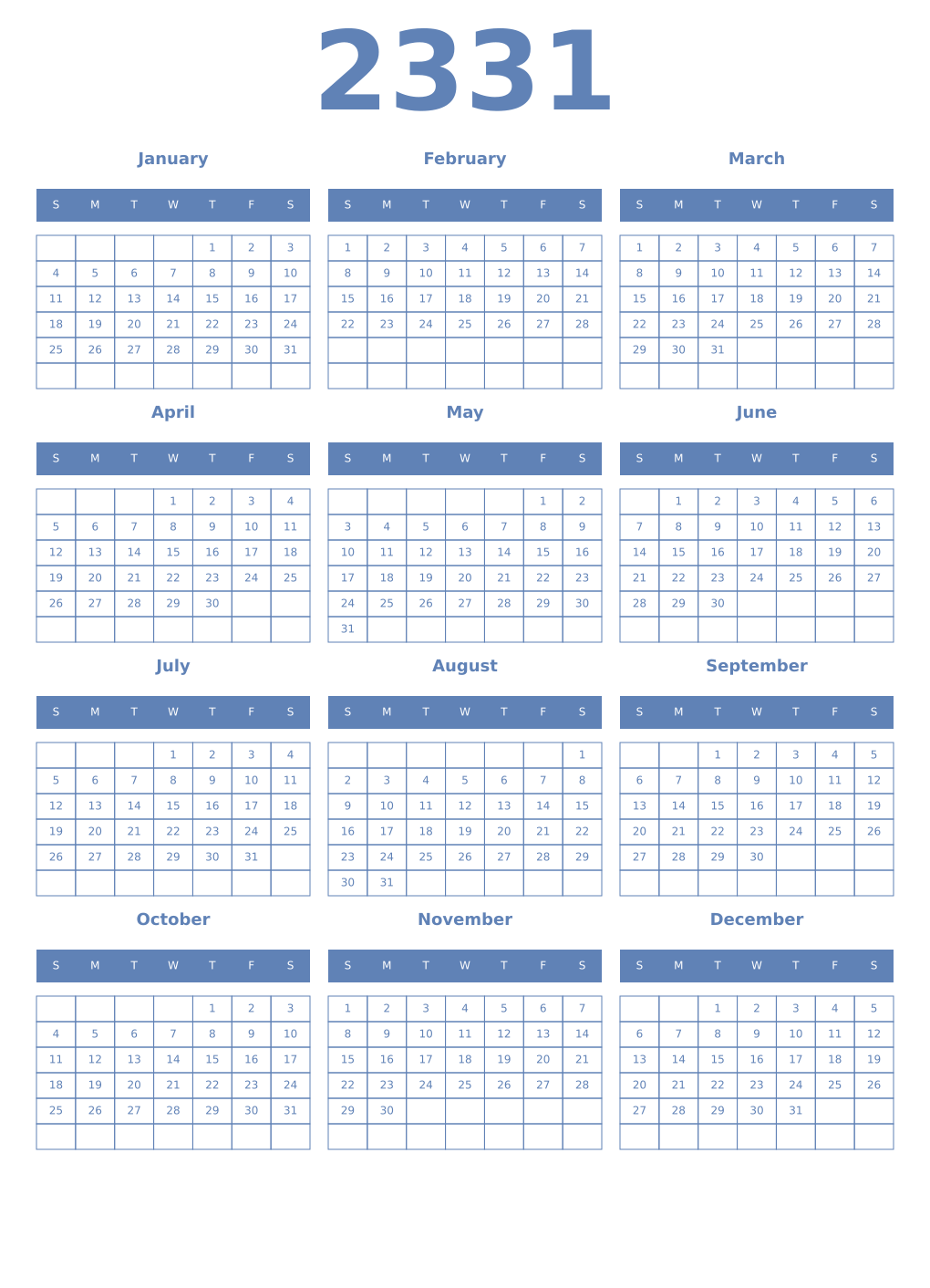 Printable 2331 Year Calendars glaucous