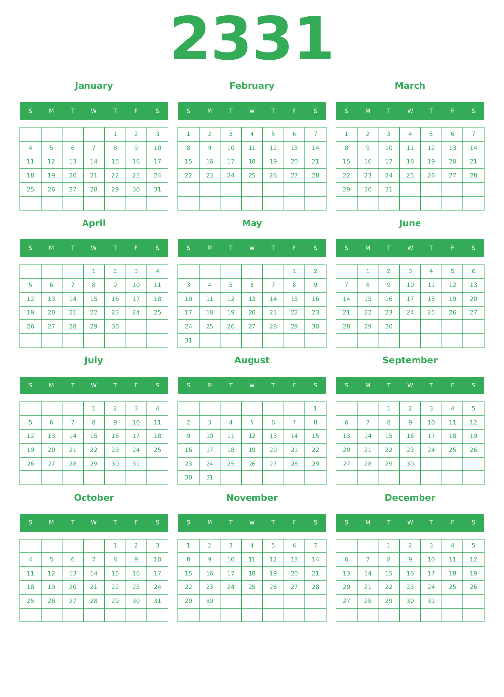 Printable 2331 Year Calendars green