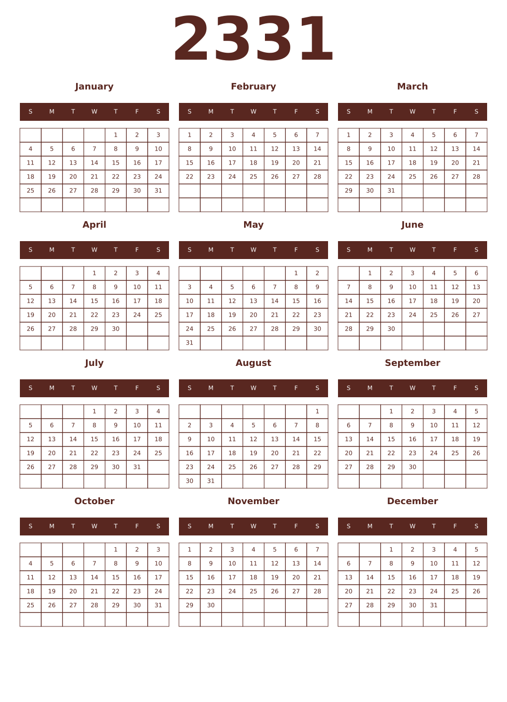 Printable 2331 Year Calendars mortuum
