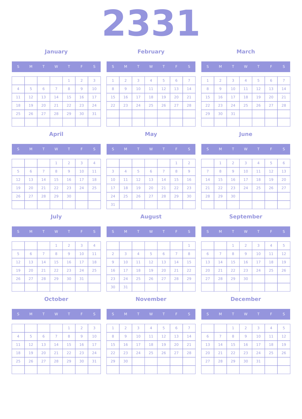Printable 2331 Year Calendars periwinkle
