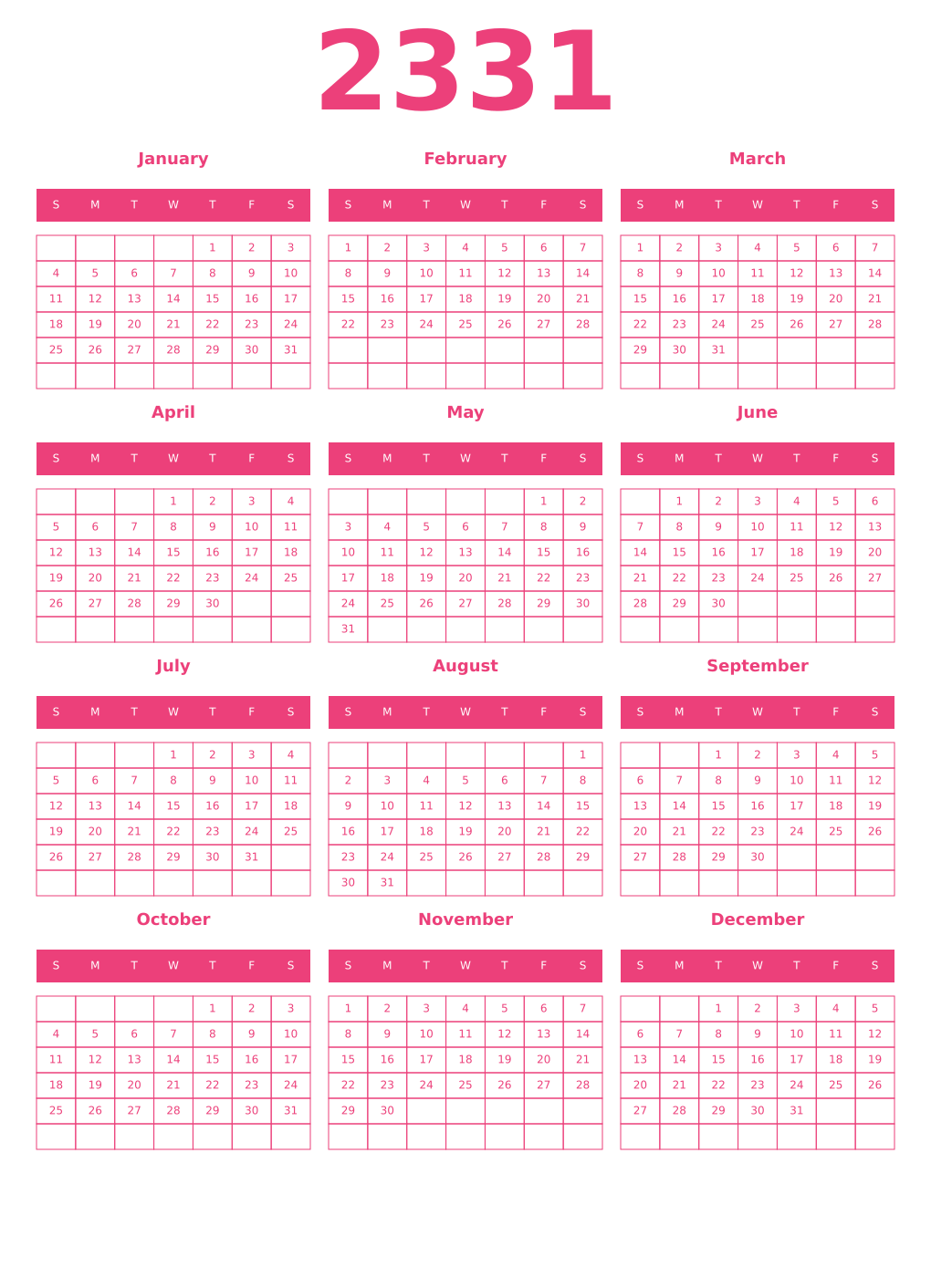 Printable 2331 Year Calendars pink