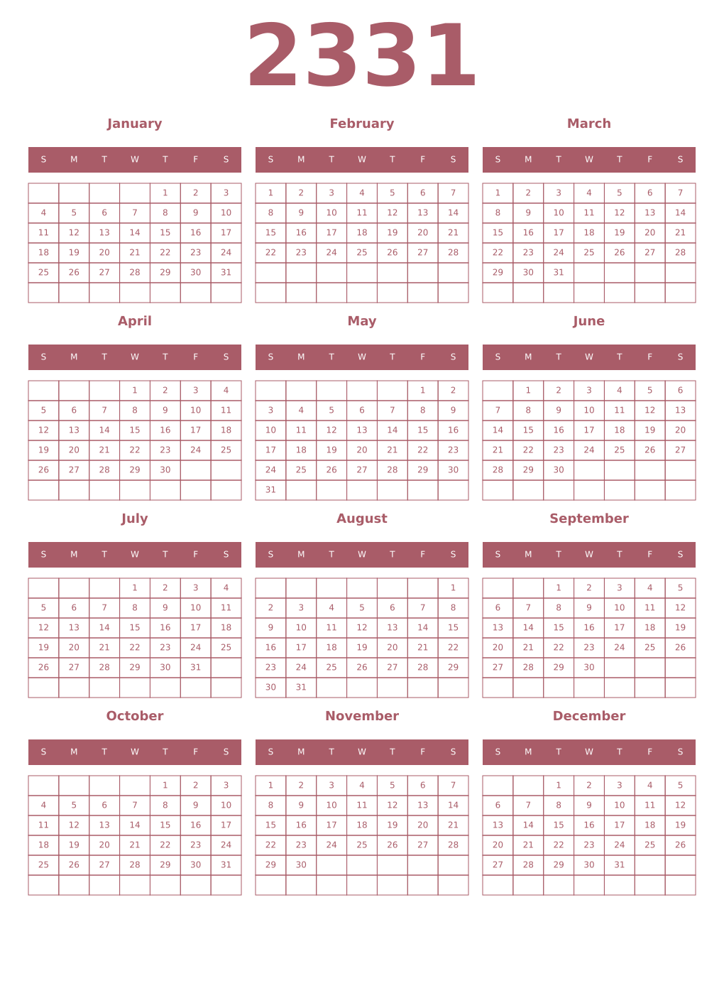 Printable 2331 Year Calendars puce