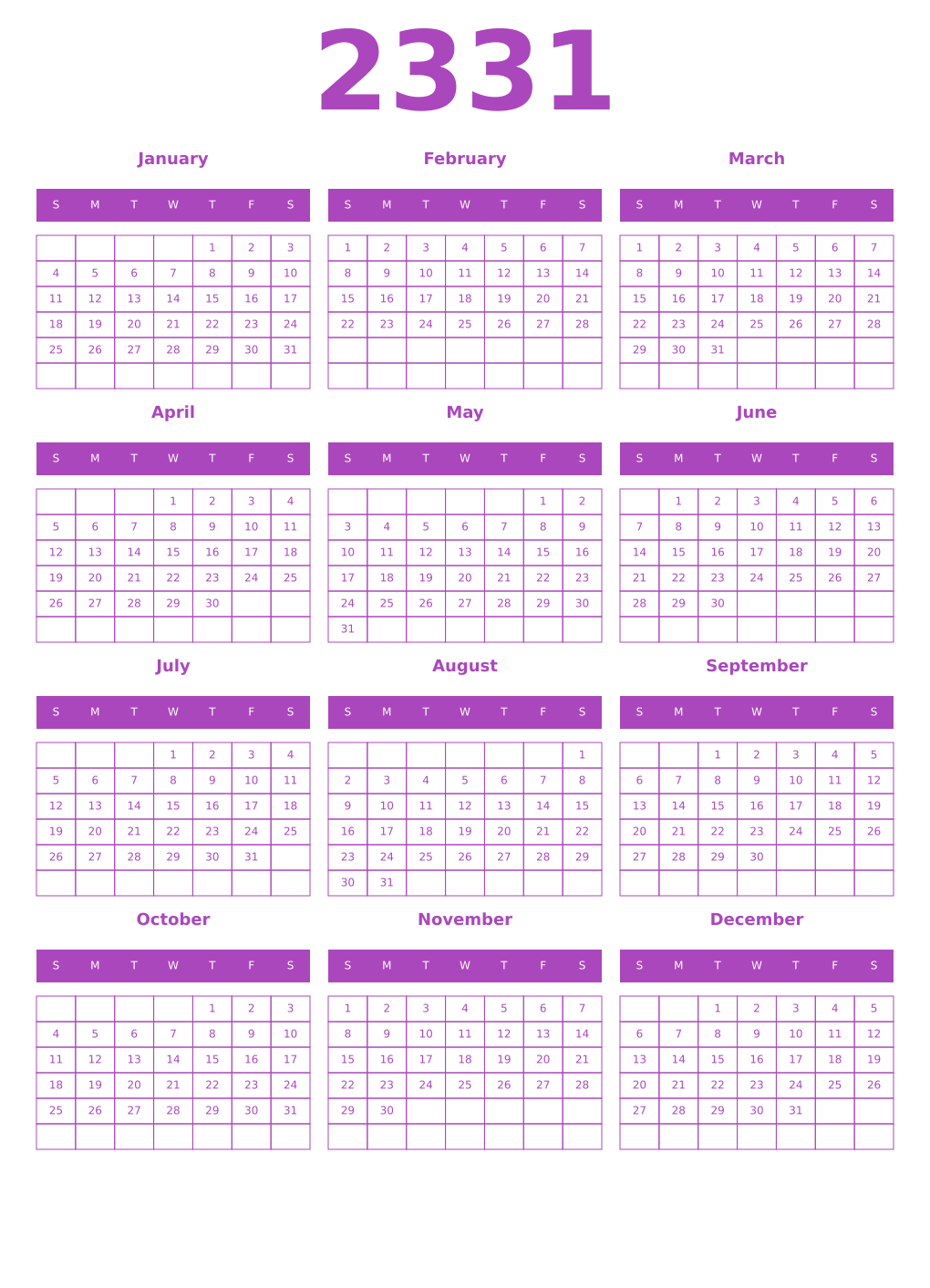 Printable 2331 Year Calendars purple