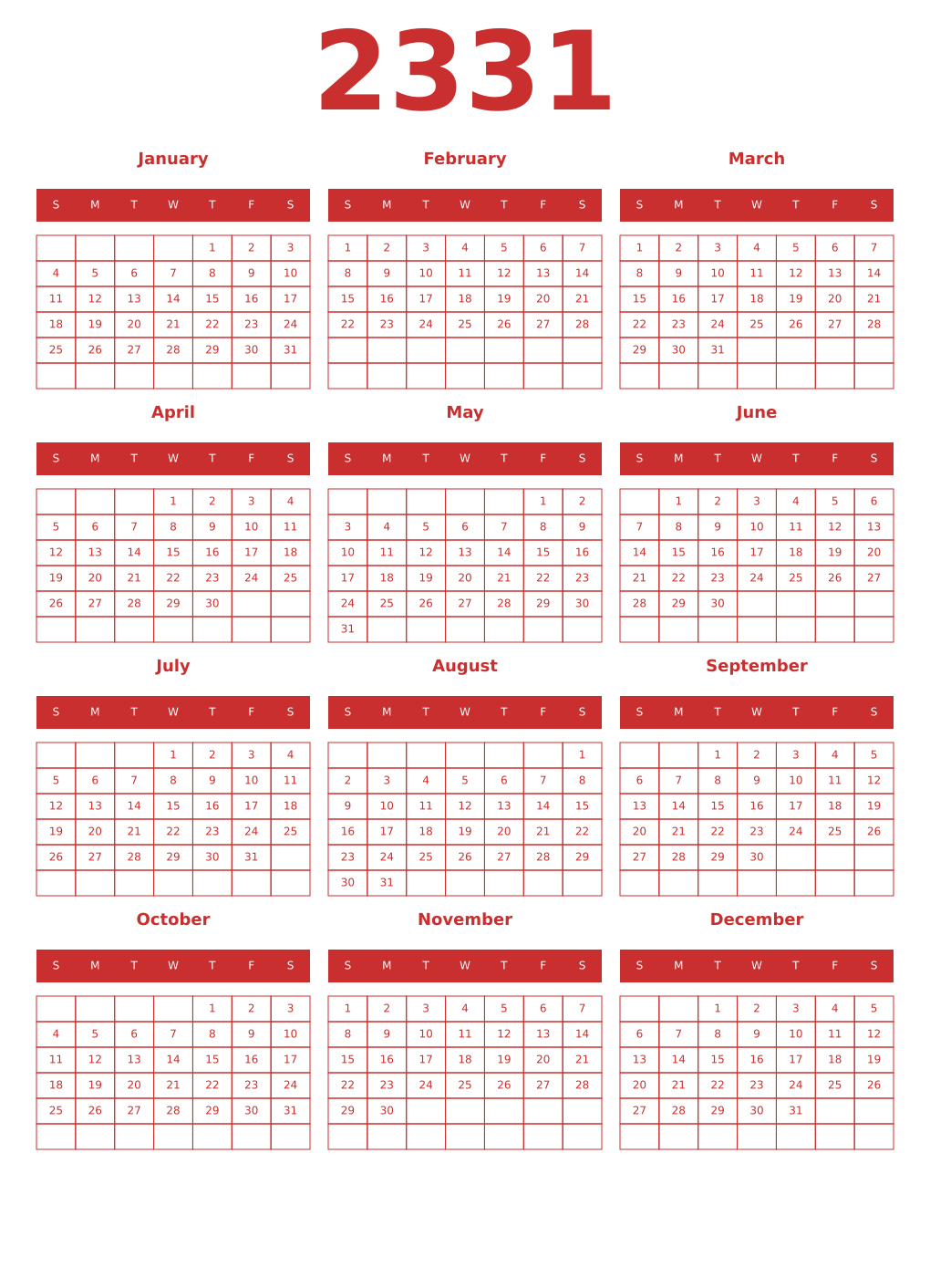 Printable 2331 Year Calendars red
