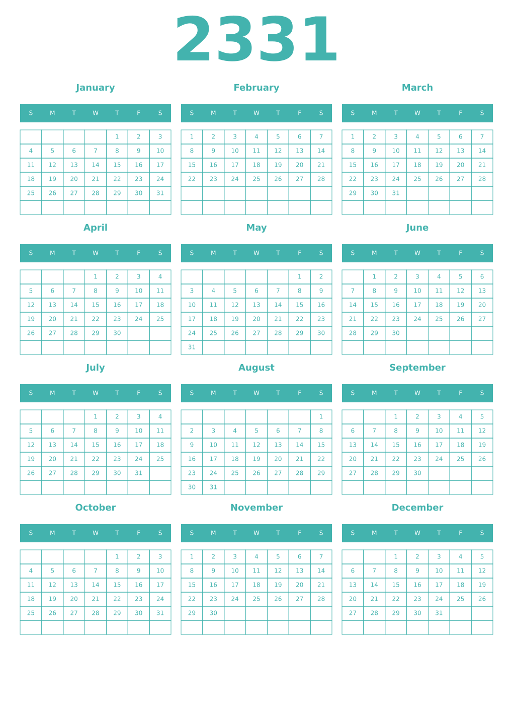 Printable 2331 Year Calendars verdigris