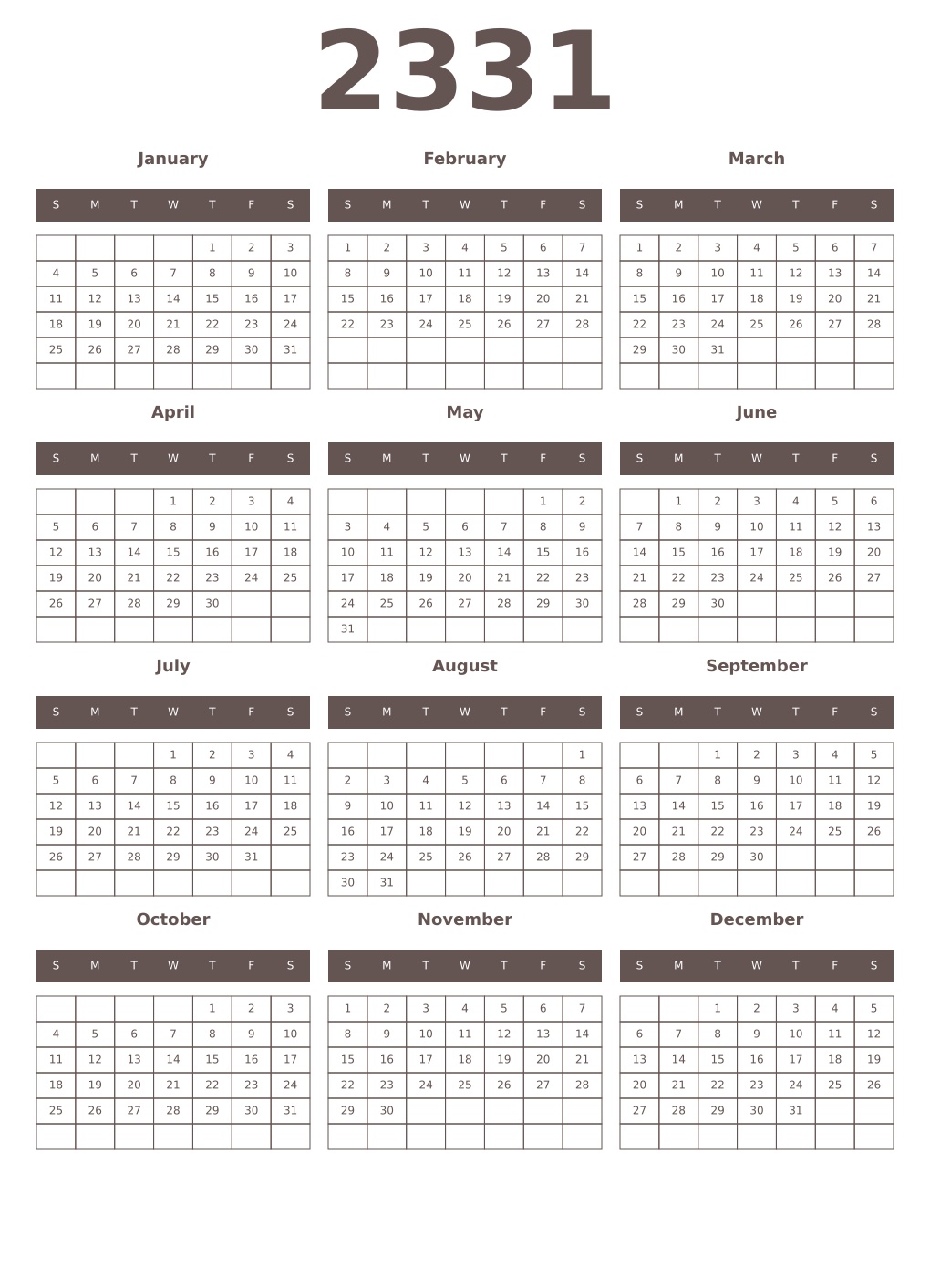 Printable 2331 Year Calendars wenge