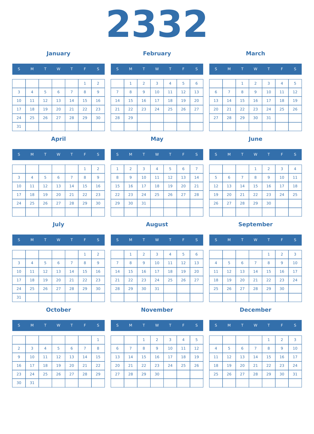 Printable 2332 Year Calendars blue
