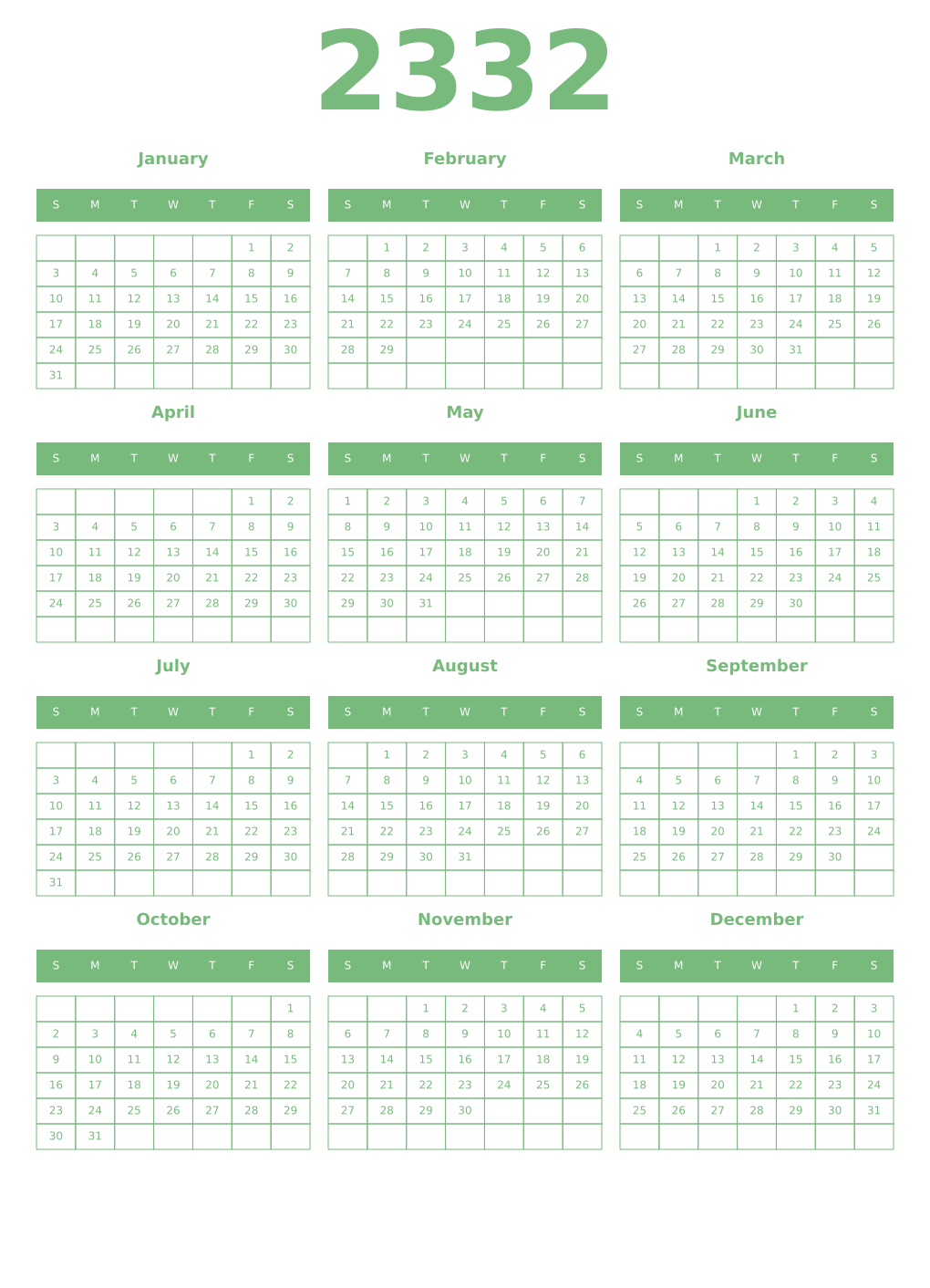 Printable 2332 Year Calendars celadon