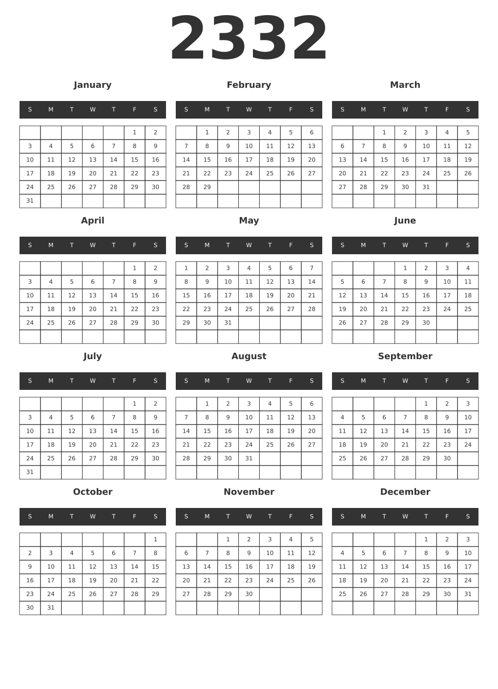 Printable 2332 Year Calendars dark