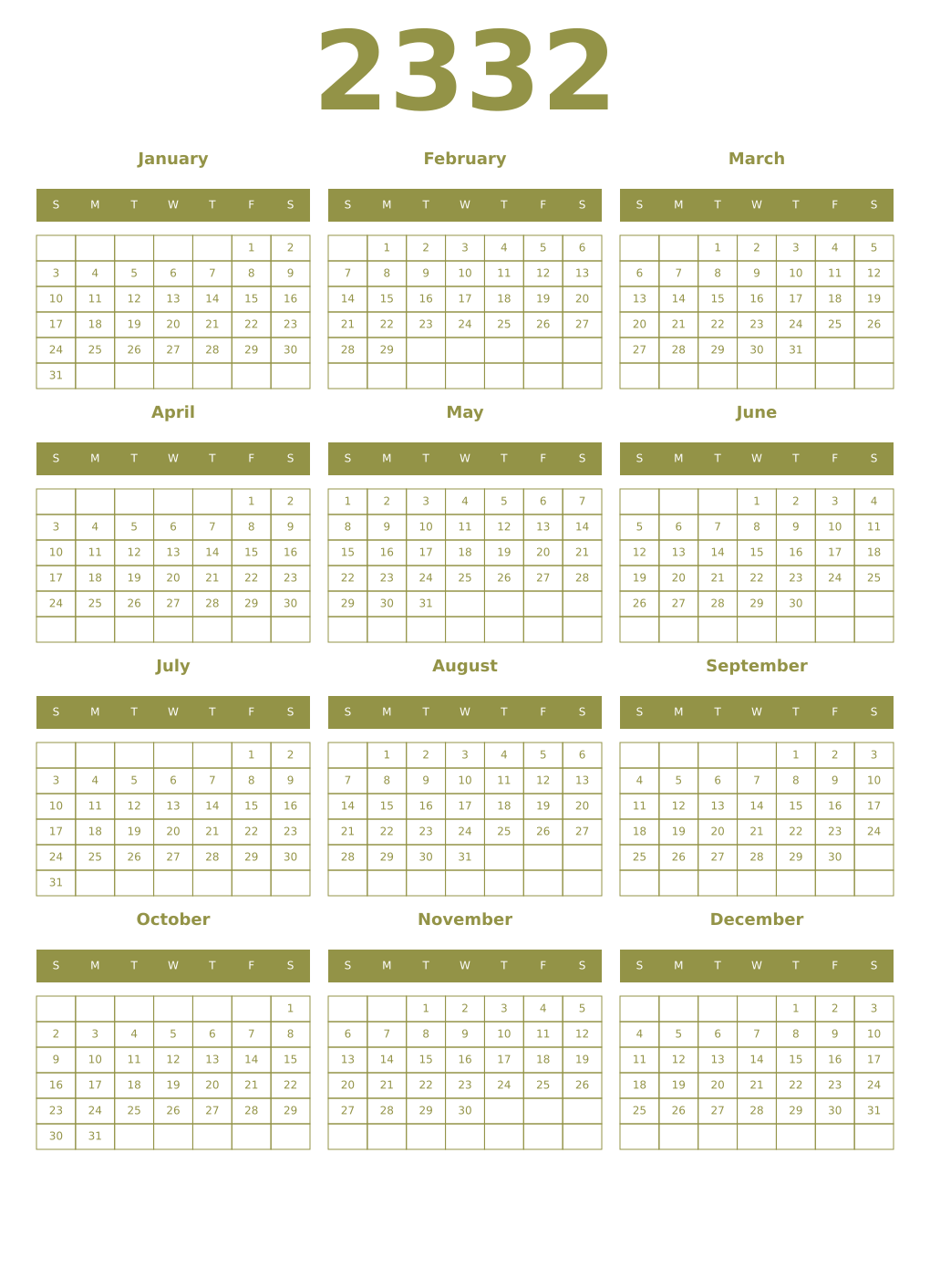 Printable 2332 Year Calendars eburnean