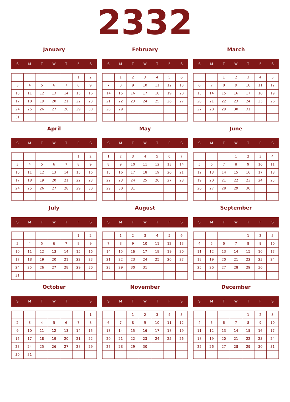 Printable 2332 Year Calendars falu