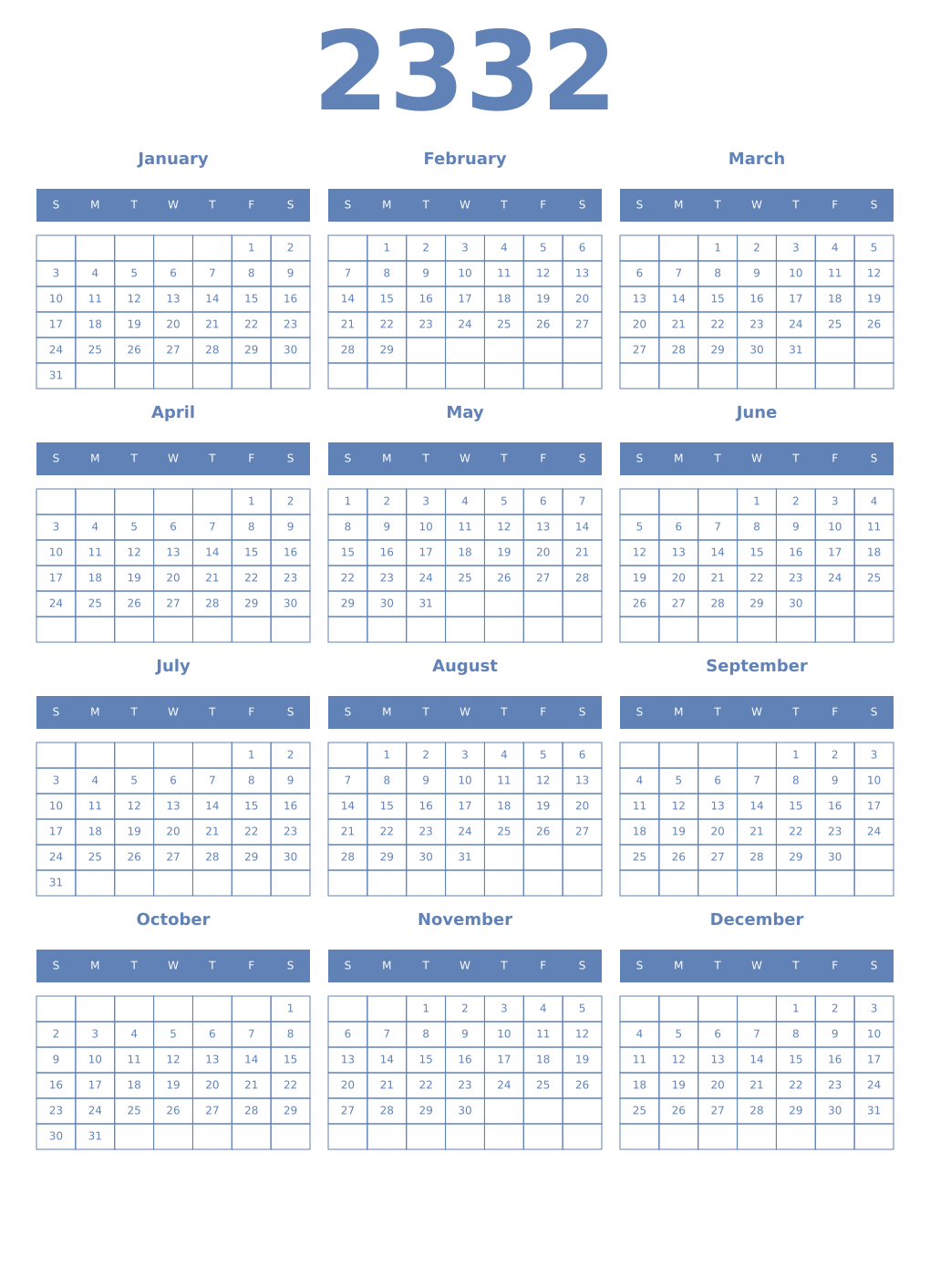 Printable 2332 Year Calendars glaucous