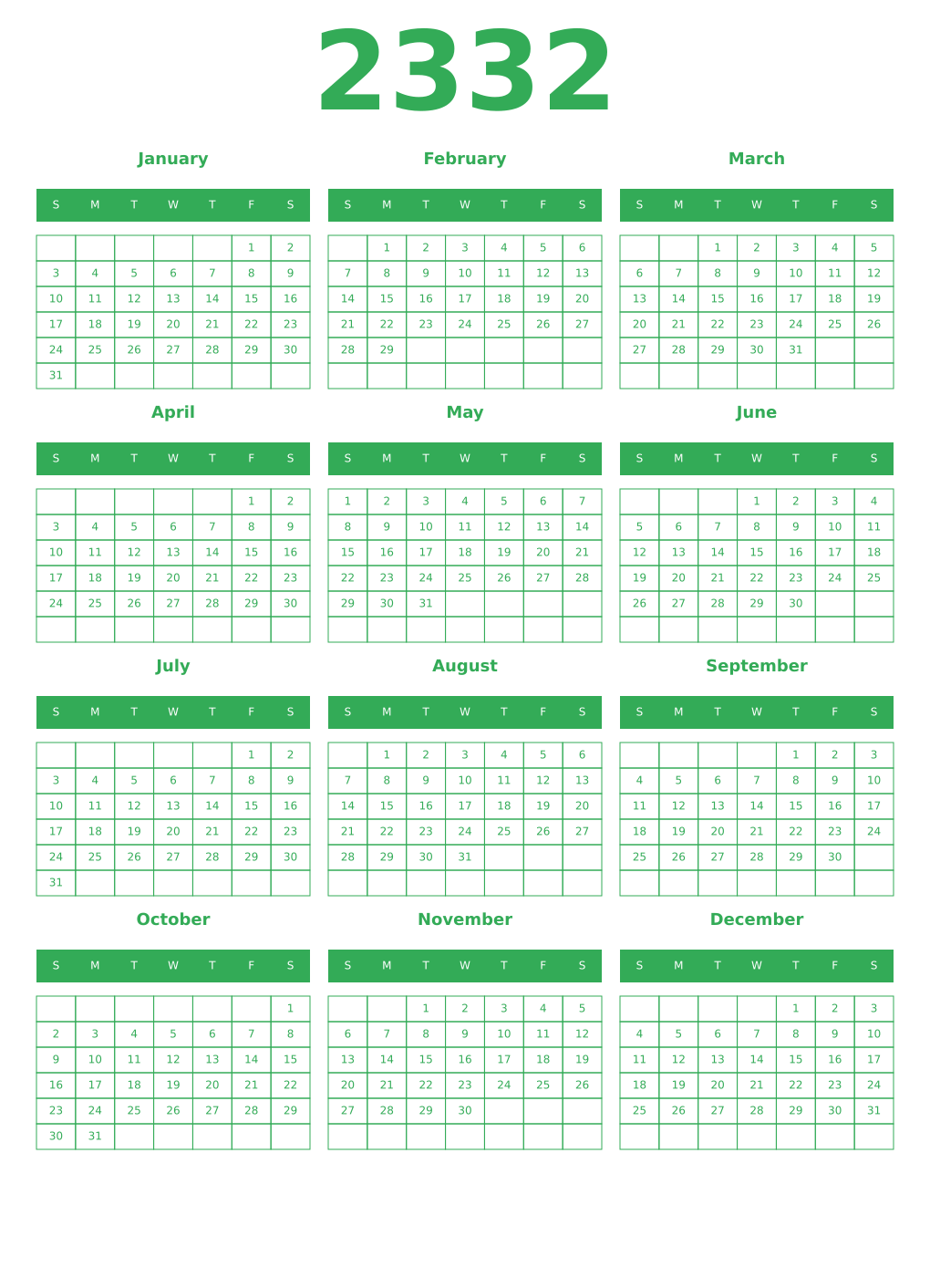 Printable 2332 Year Calendars green