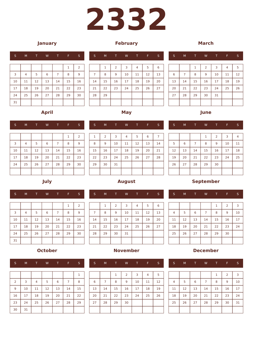 Printable 2332 Year Calendars mortuum