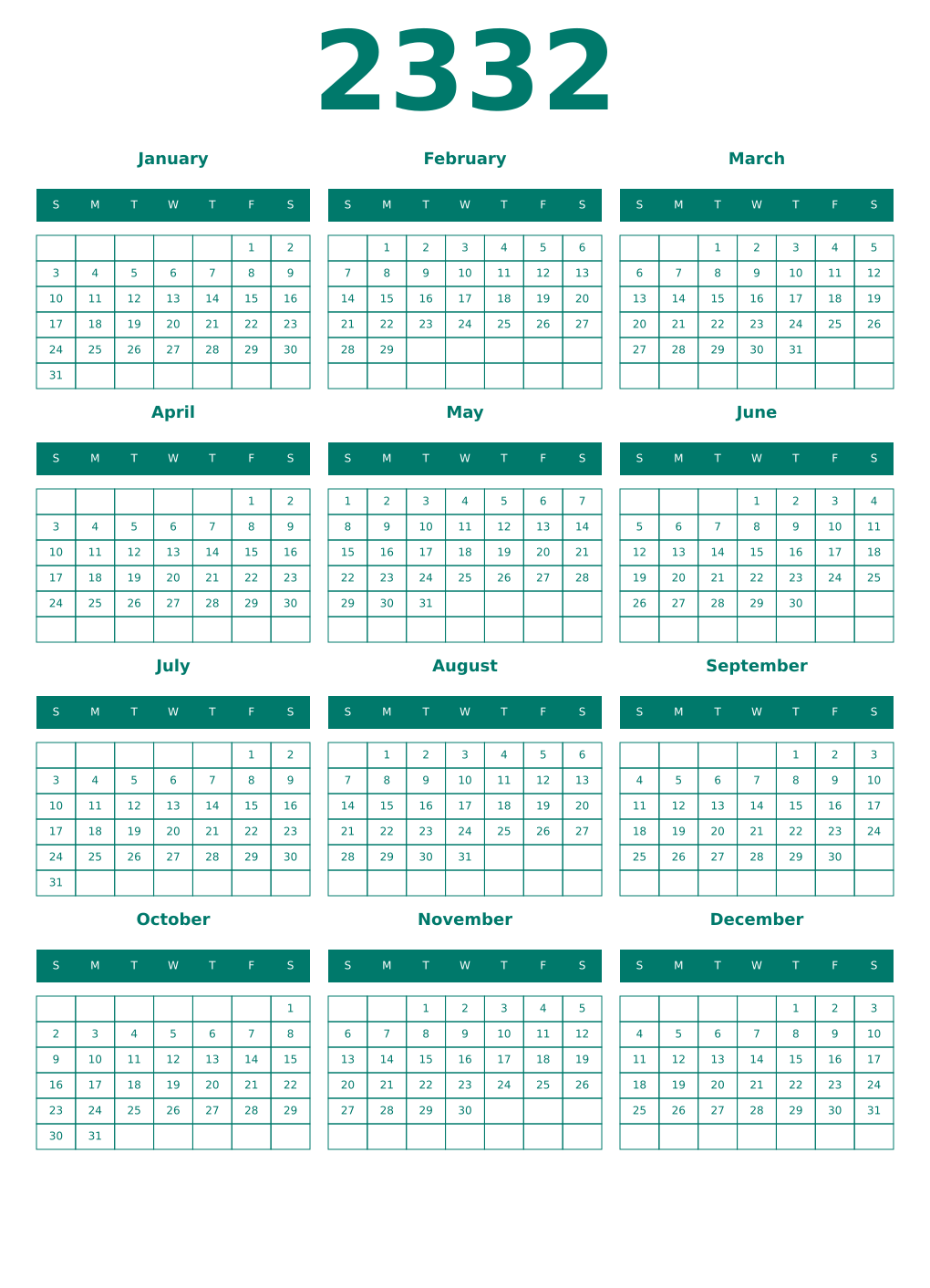 Printable 2332 Year Calendars pastel