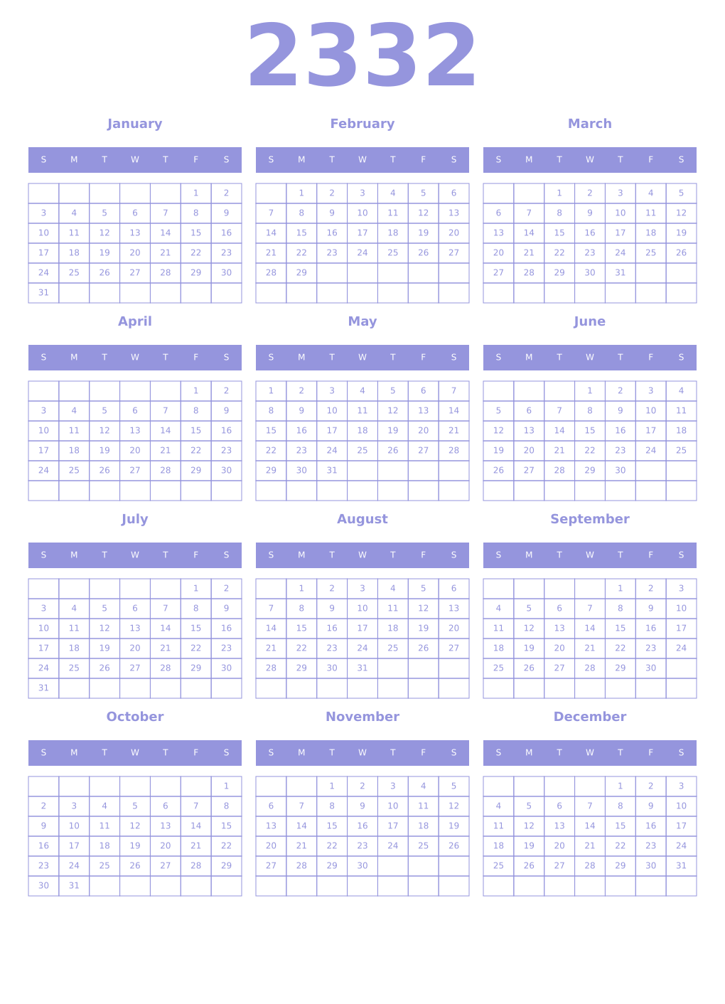 Printable 2332 Year Calendars periwinkle